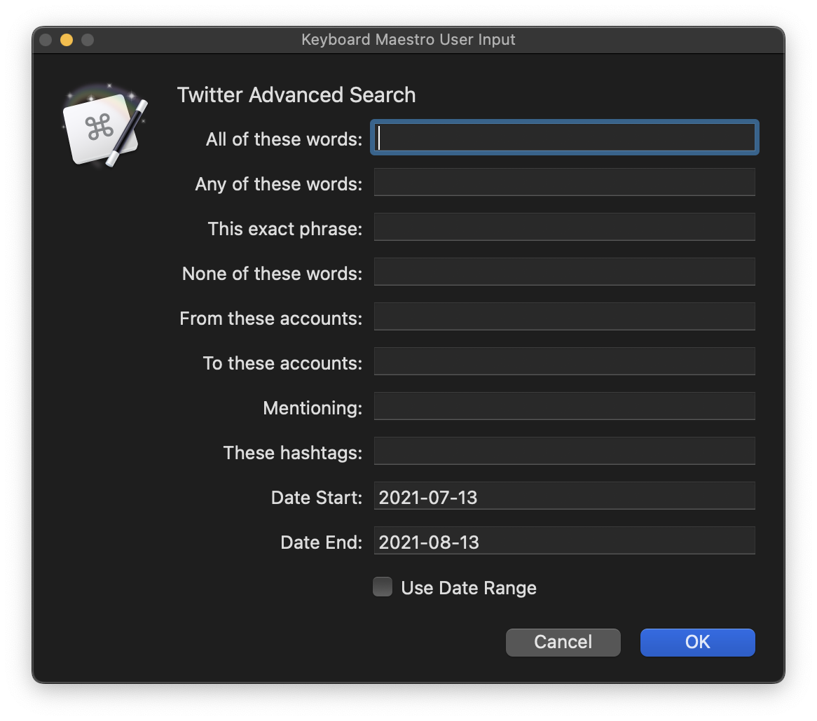 Twitter Advanced Search Keyboard Maestro Macro