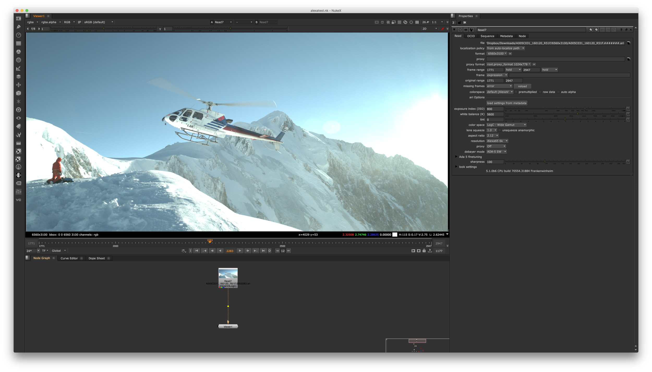  An Alexa LogC clip being viewed in NukeX with the sRGB Viewer Input Process. 