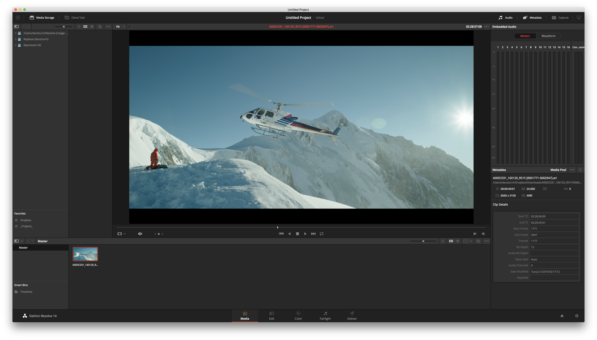  An Alexa LogC clip being viewed in Resolve with the Arri Alexa LogC to Rec709 3D LUT applied. 